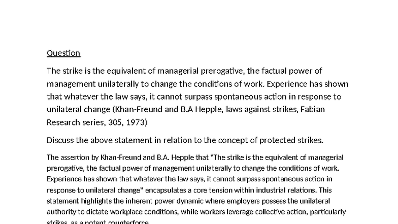 Labour Law Group QN: Protected Strikes and Managerial Prerogative - Studocu
