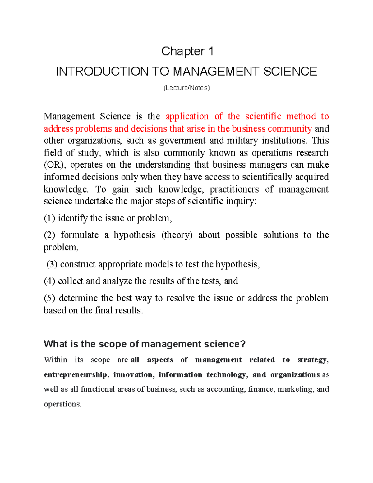 Chapter 1: Intro to Management Science (MS) and Its Importance - Studocu