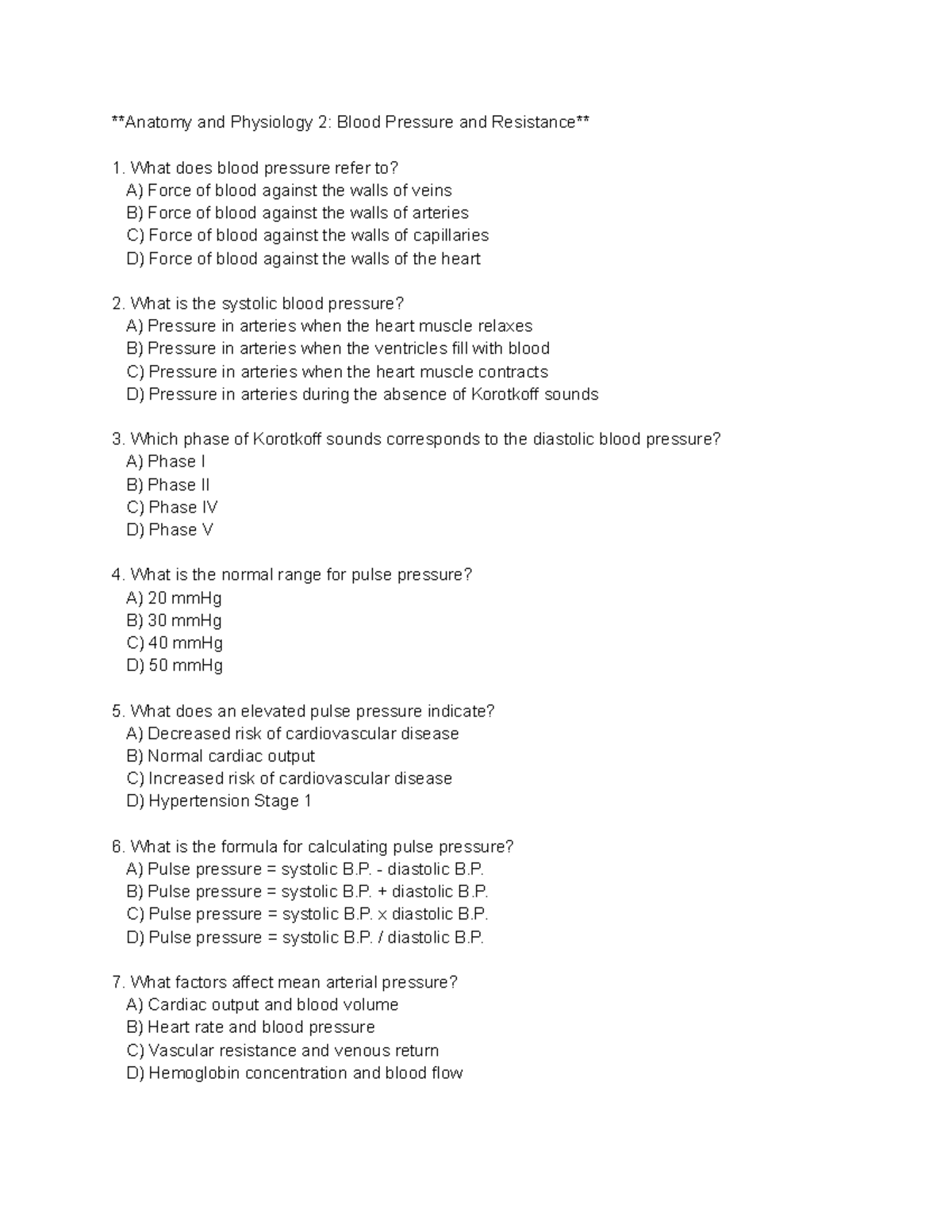 Anatomy and Physiology 2: Blood Pressure and Resistance Quiz - Studocu