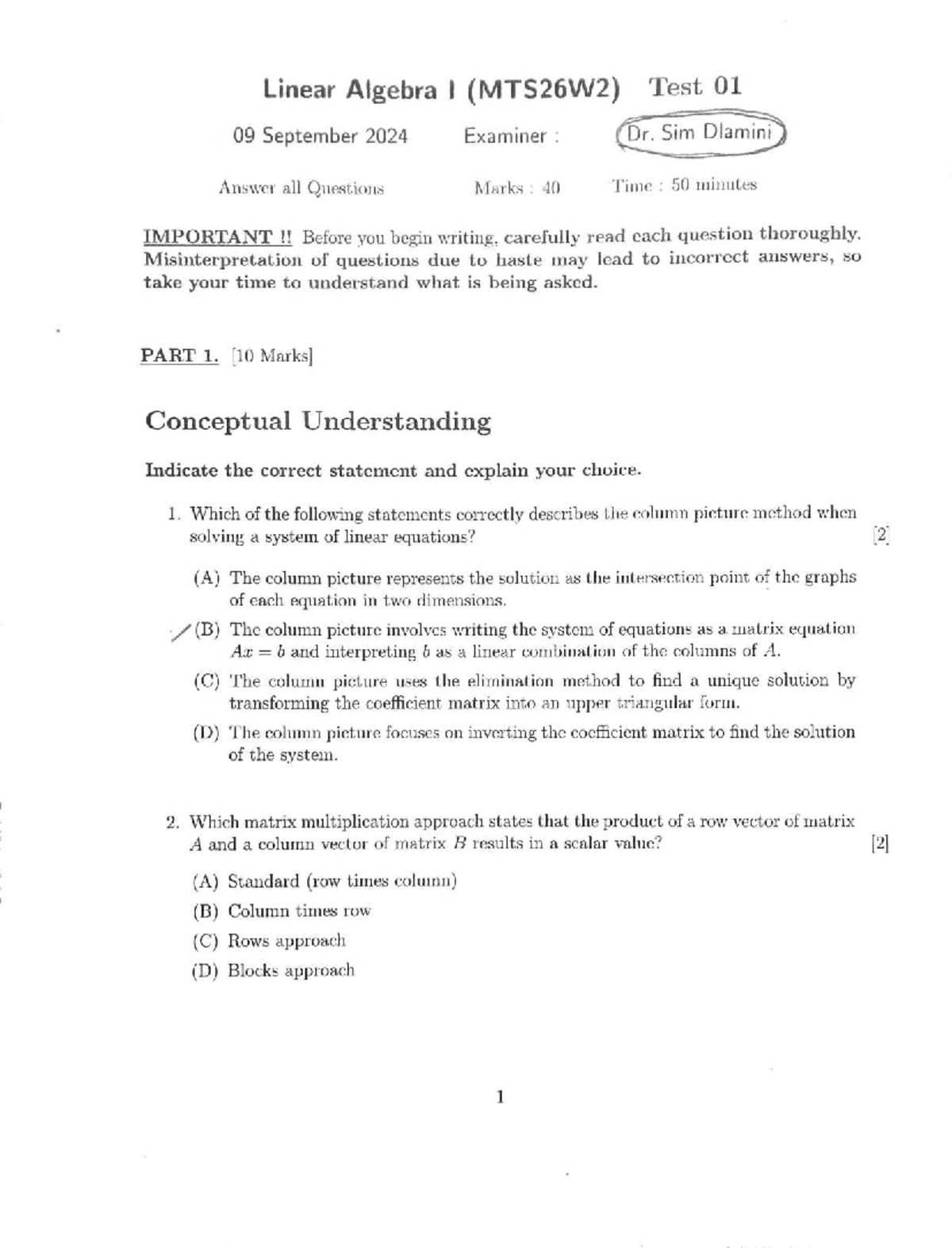 Linear Algebra Test 01 (MTS26W2) - September 9, 2024 - Studocu