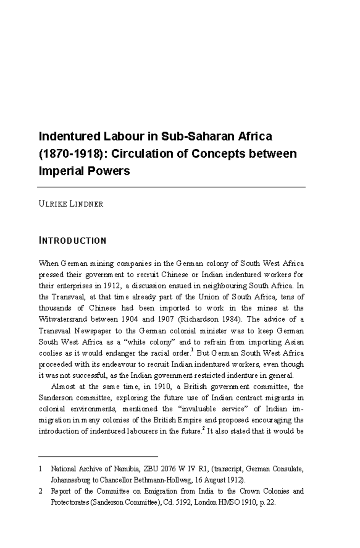 Indentured Labour in Sub-Saharan Africa (1870-1918) - A Historical ...