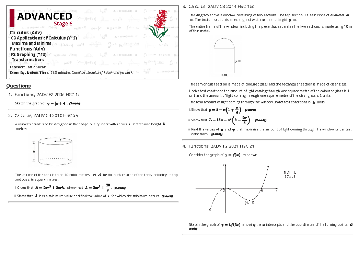 Year 12 Calculus & Functions Revision - Practice Test 2ADV C3/F2 - Studocu