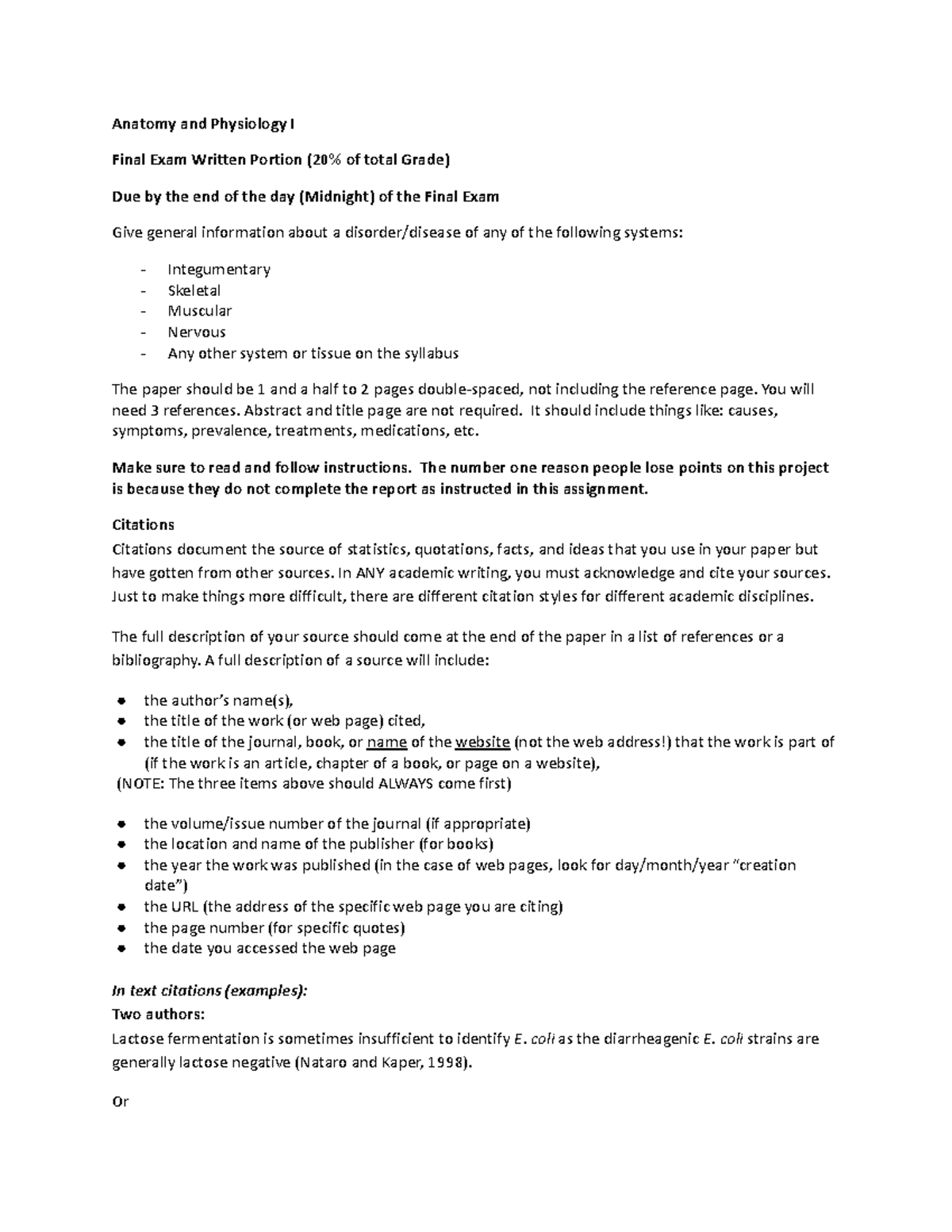 Anatomy and Physiology I (BIO 101) Final Exam Written Portion Guide ...