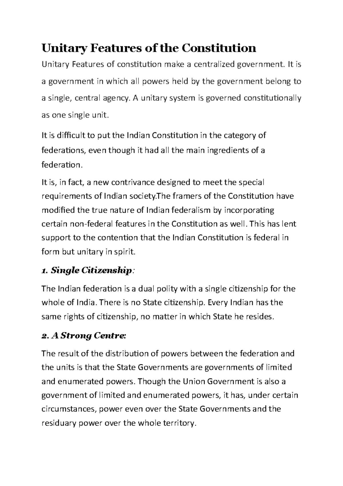 Unitary Government Examples In India