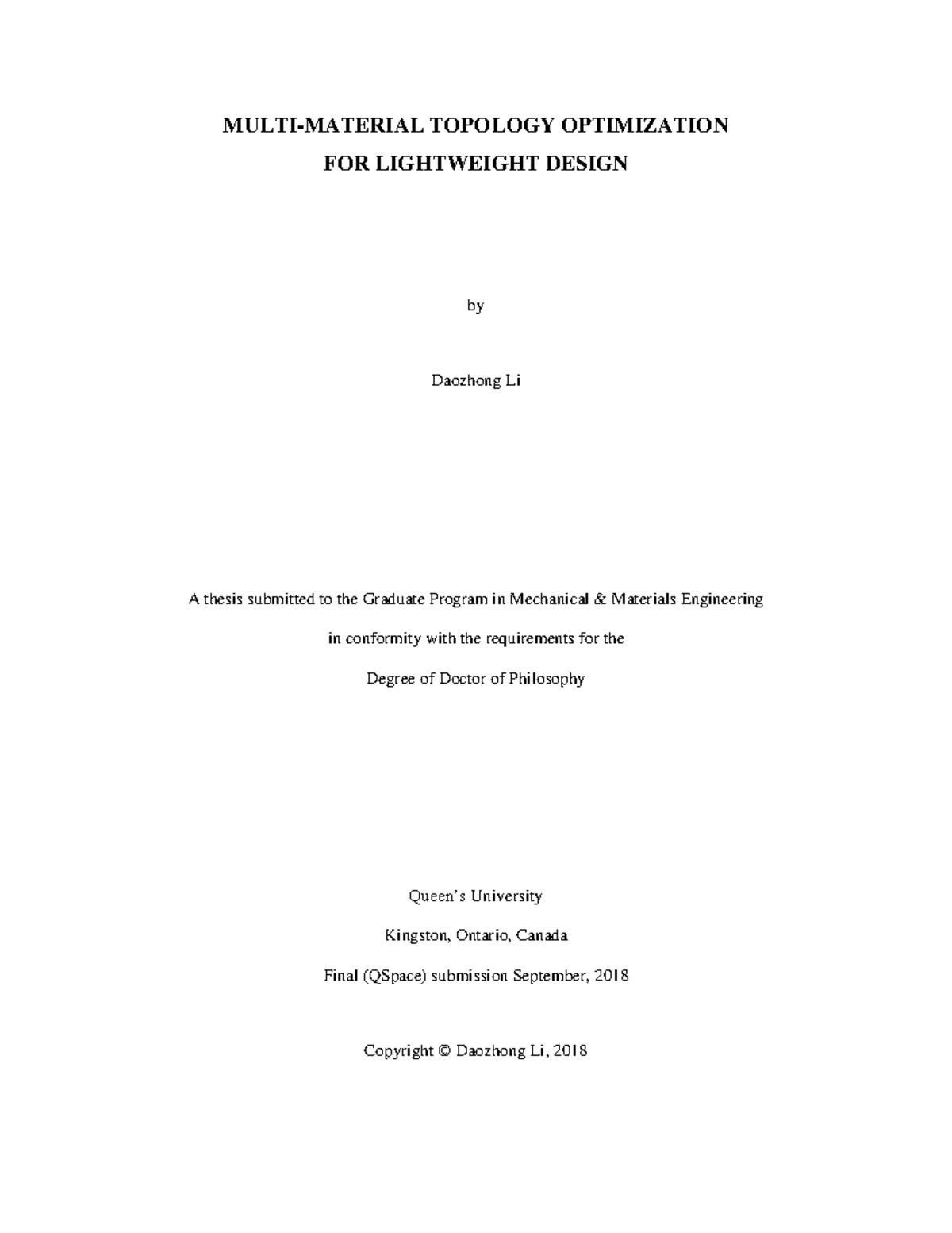 Topology Optimization for Lightweight Design: PhD Thesis by Daozhong Li ...