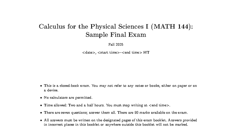 Math 144: Sample Final Exam for Calculus in Physical Sciences Fall 2025 ...