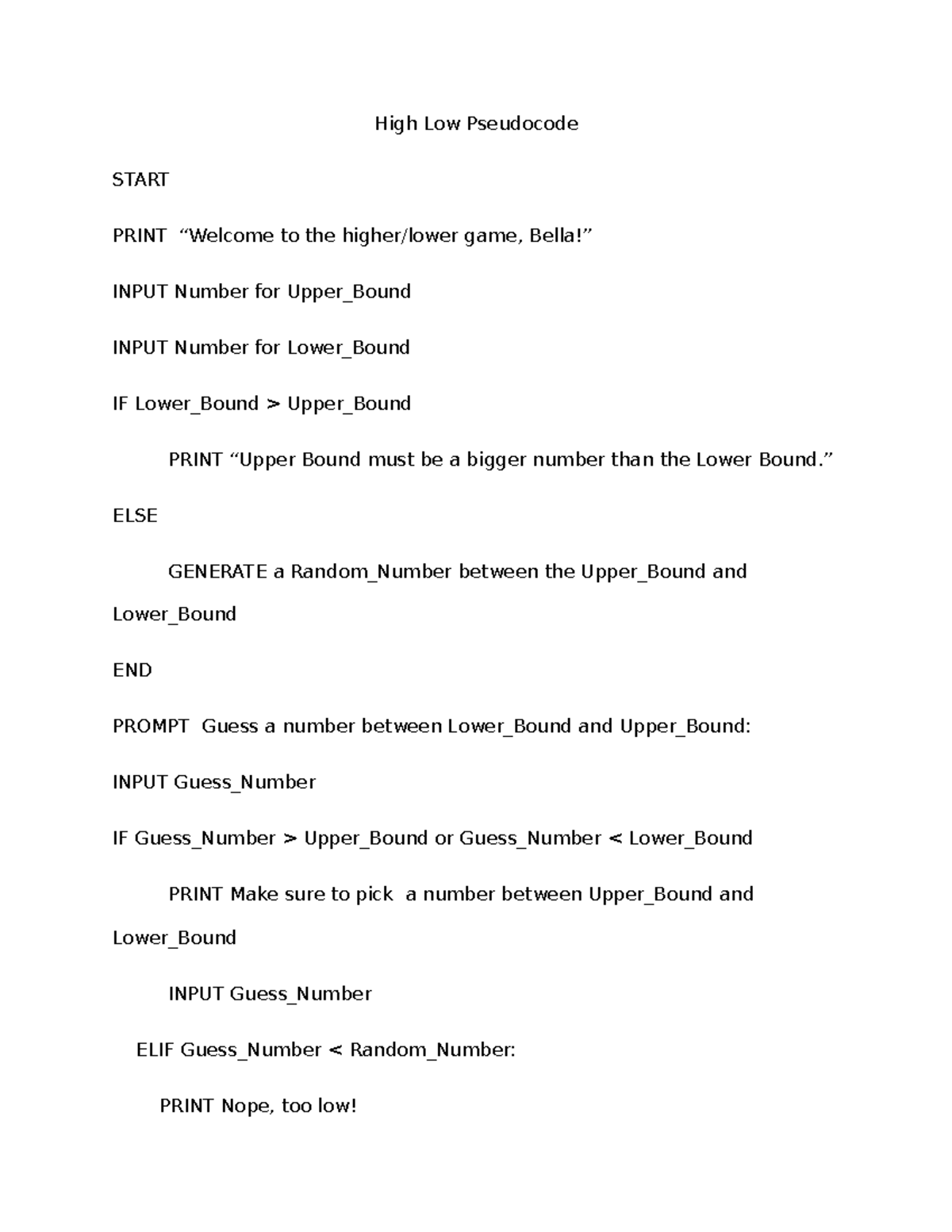 High Low Pseudocode - Higher or Lower Game - High Low Pseudocode START ...