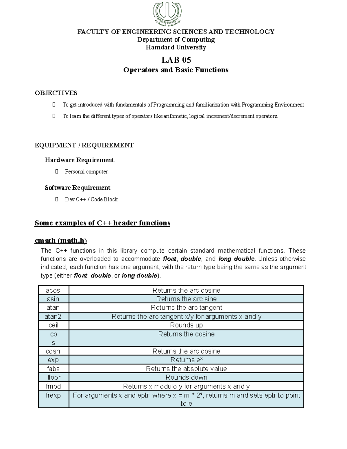 C++ Lab 05: Operators & Basic Functions - Faculty of Engineering ...
