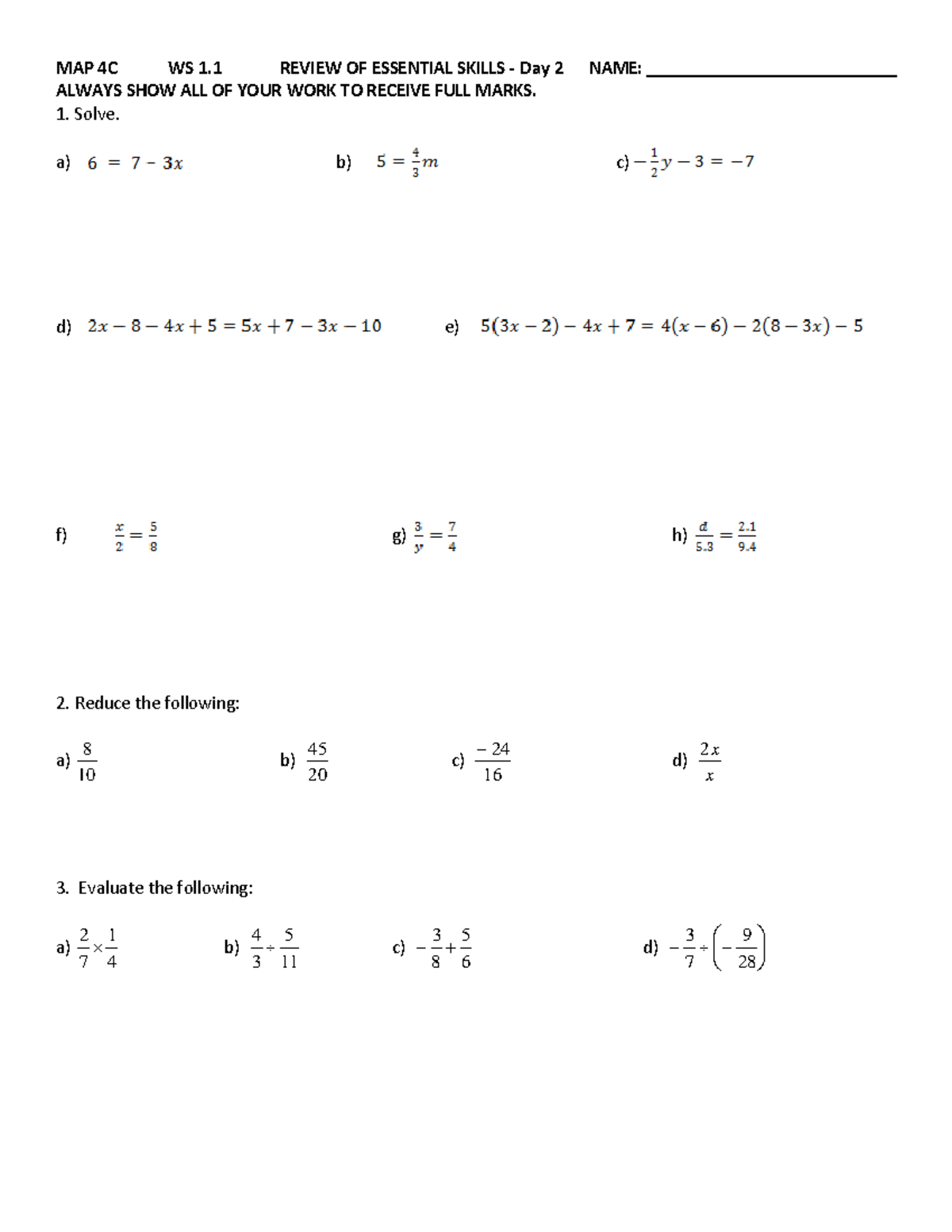 Review of Essential Skills - MAP 4C WS 1 REVIEW OF ESSENTIAL SKILLS ...