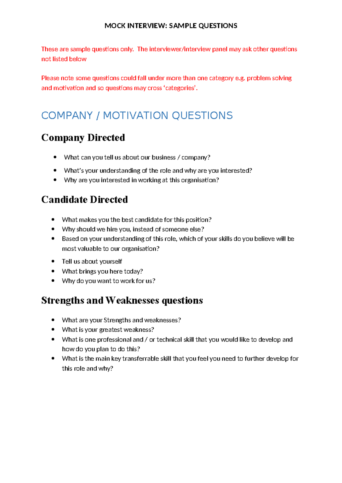 Mock Interview Guide - Sample Questions for Candidates - Studocu