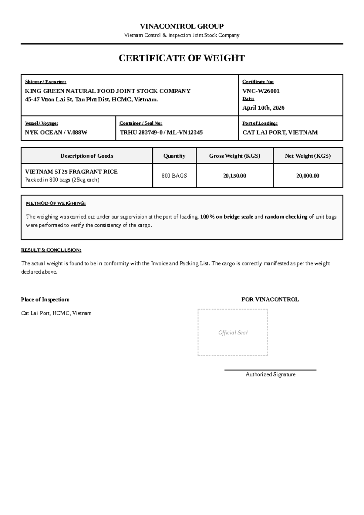 Certificate of Weight for VIETNAM ST25 RICE - VINACONTROL - Studocu
