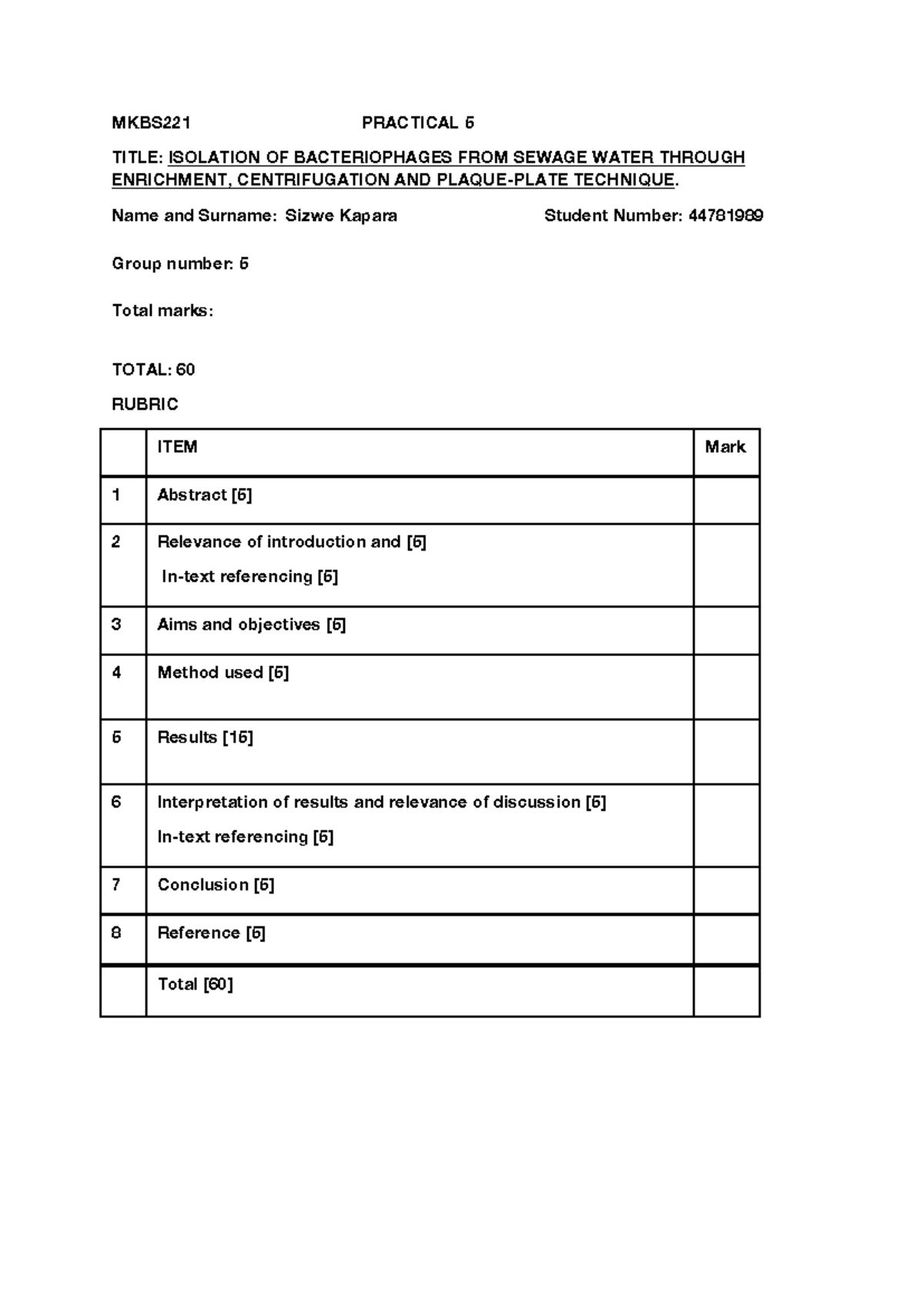 MKBS221 Practical 5: Isolation of Bacteriophages from Sewage Water ...