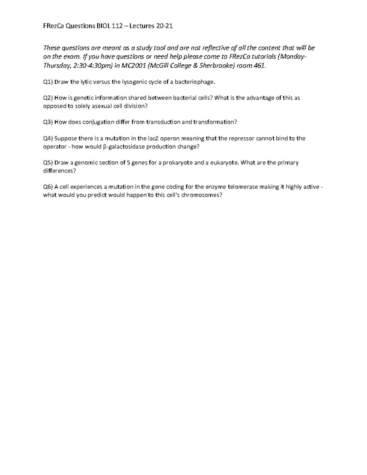 BIOL 112 Study Questions for Lectures 20-21 - Studocu