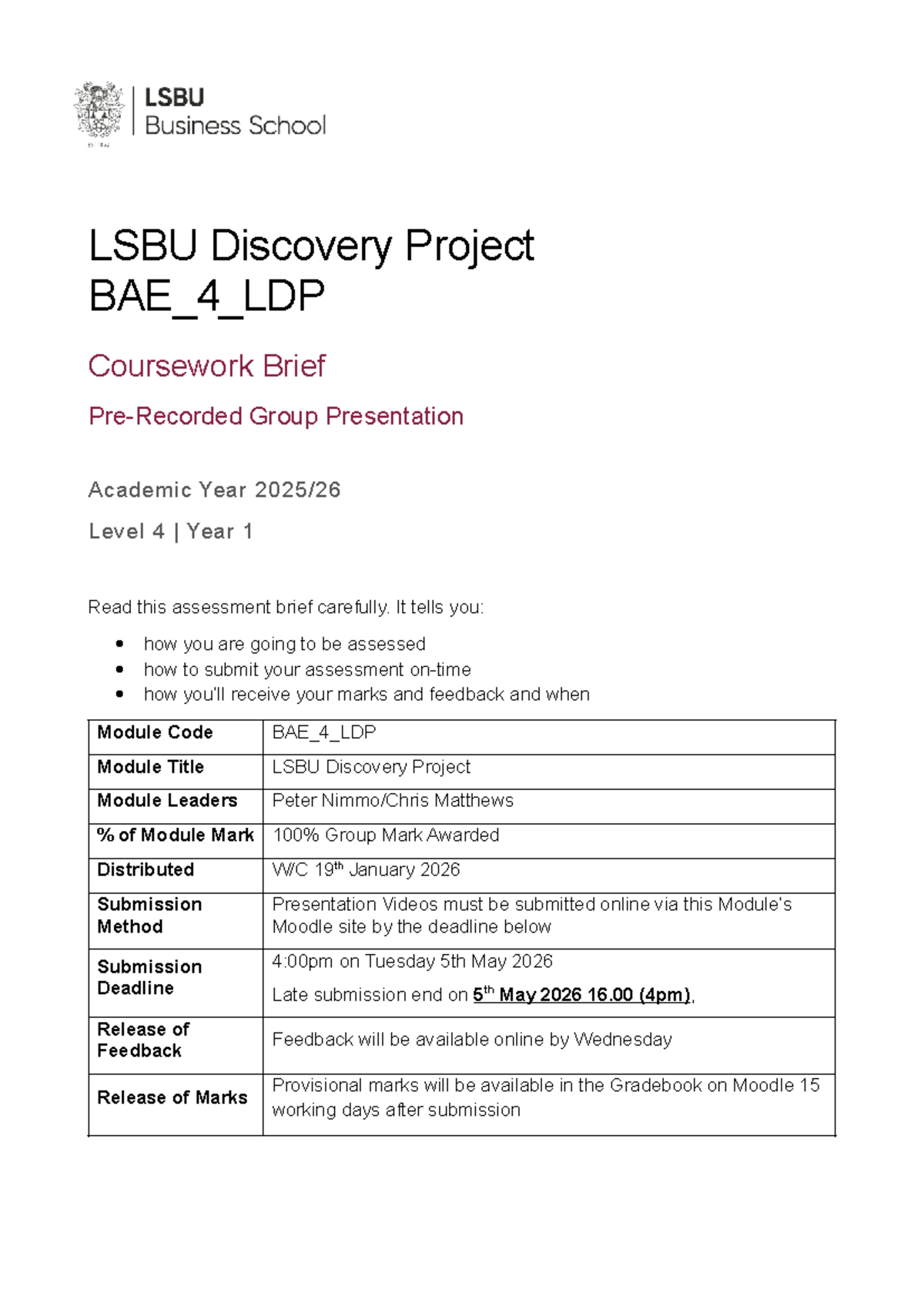 BAE_4_LDP Coursework Brief: Group Presentation Guidelines 2025-26 - Studocu