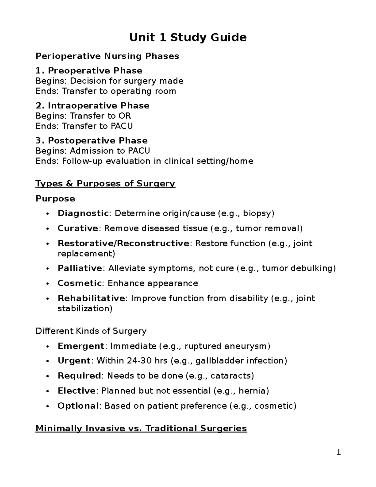 Unit 1 Study Guide: Perioperative Nursing Phases and Management - Studocu