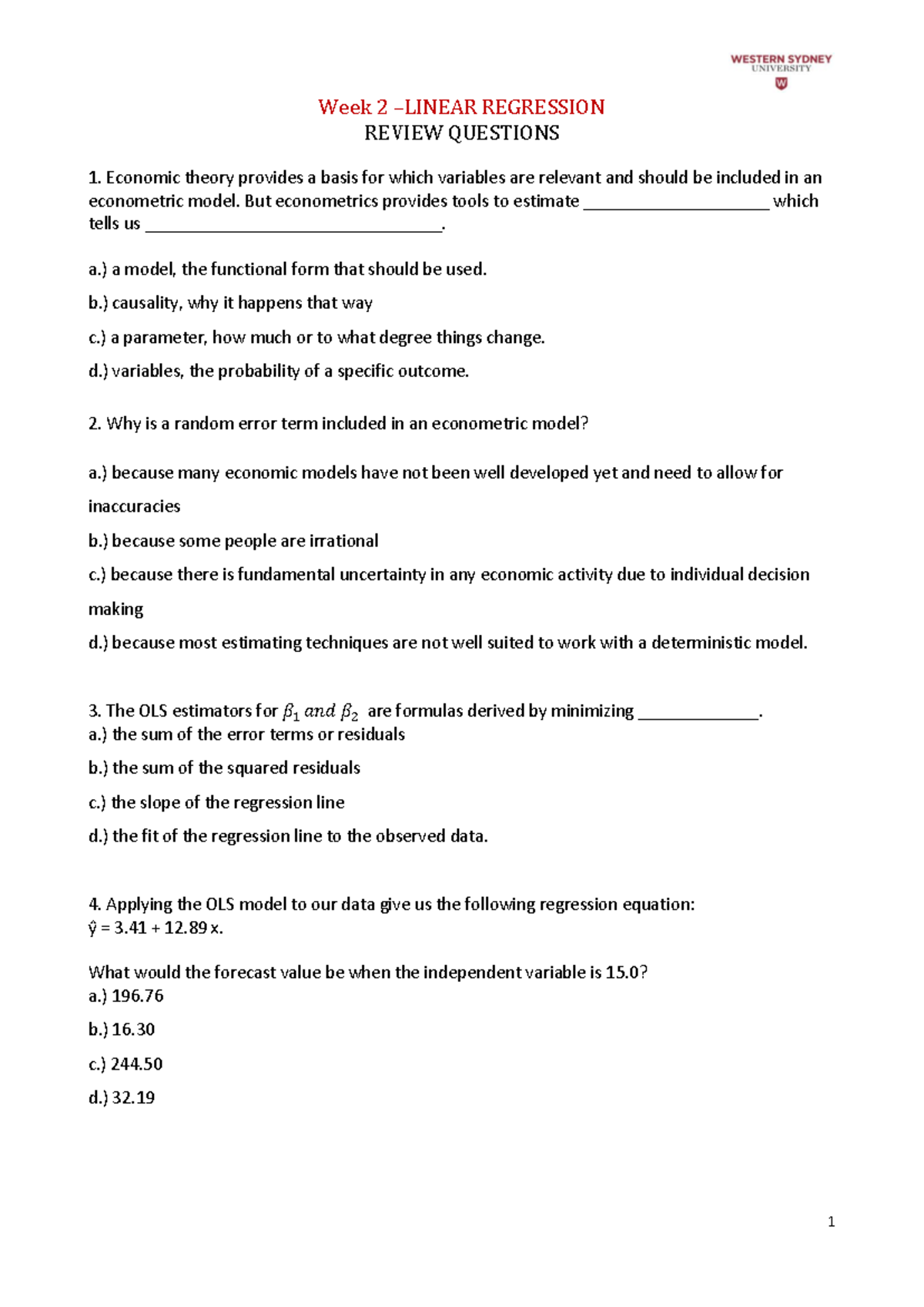 ECON 101: Week 2 Regression Review Questions and Answers - Studocu