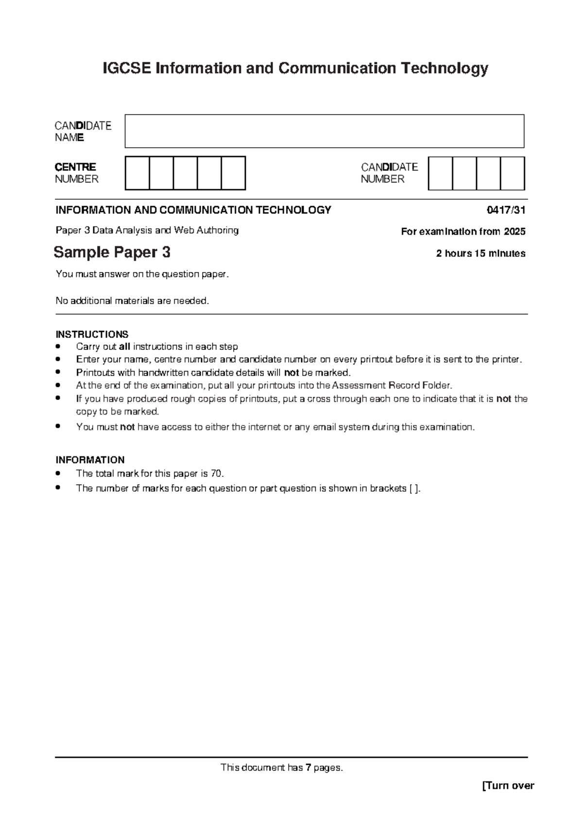 IGCSE ICT Paper 3: Data Analysis & Web Authoring Sample 2025 - Studocu