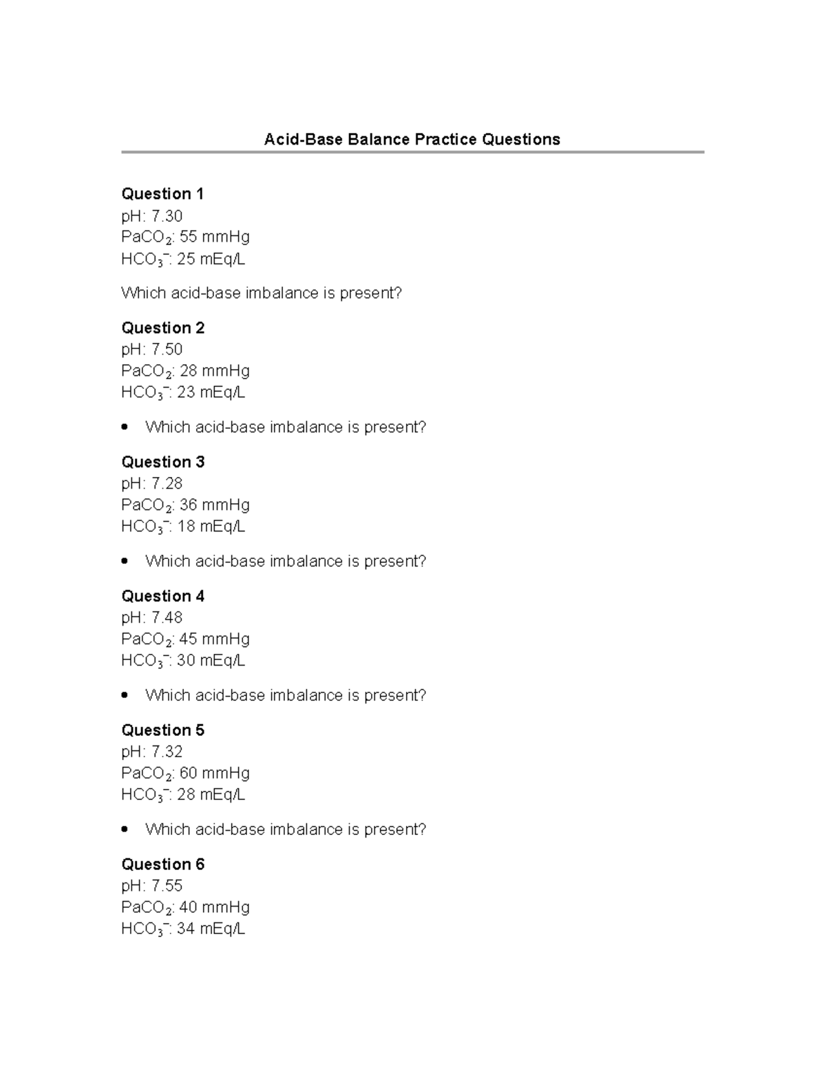 Acid-Base Imbalance Practice Questions (Course Code: AB101) - Studocu