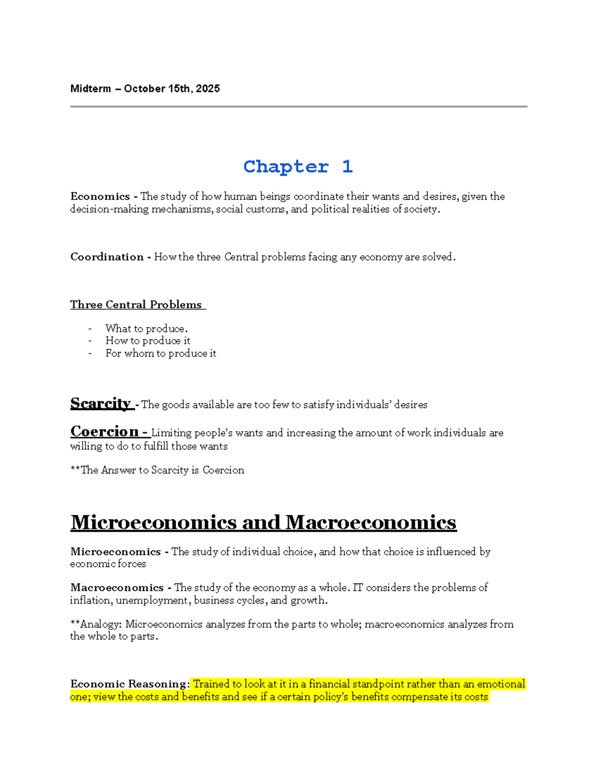 Midterm Exam Review: ECON 101 - Key Concepts from Chapters 1-4 - Studocu