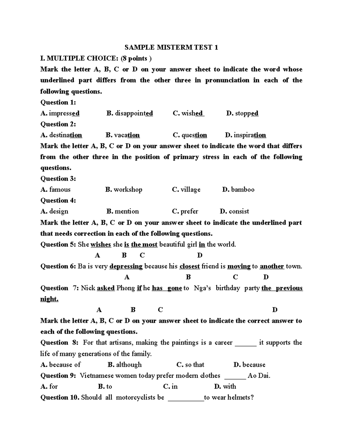 sample midterm test - SAMPLE MISTERM TEST 1 I. MULTIPLE CHOICE: (8 ...
