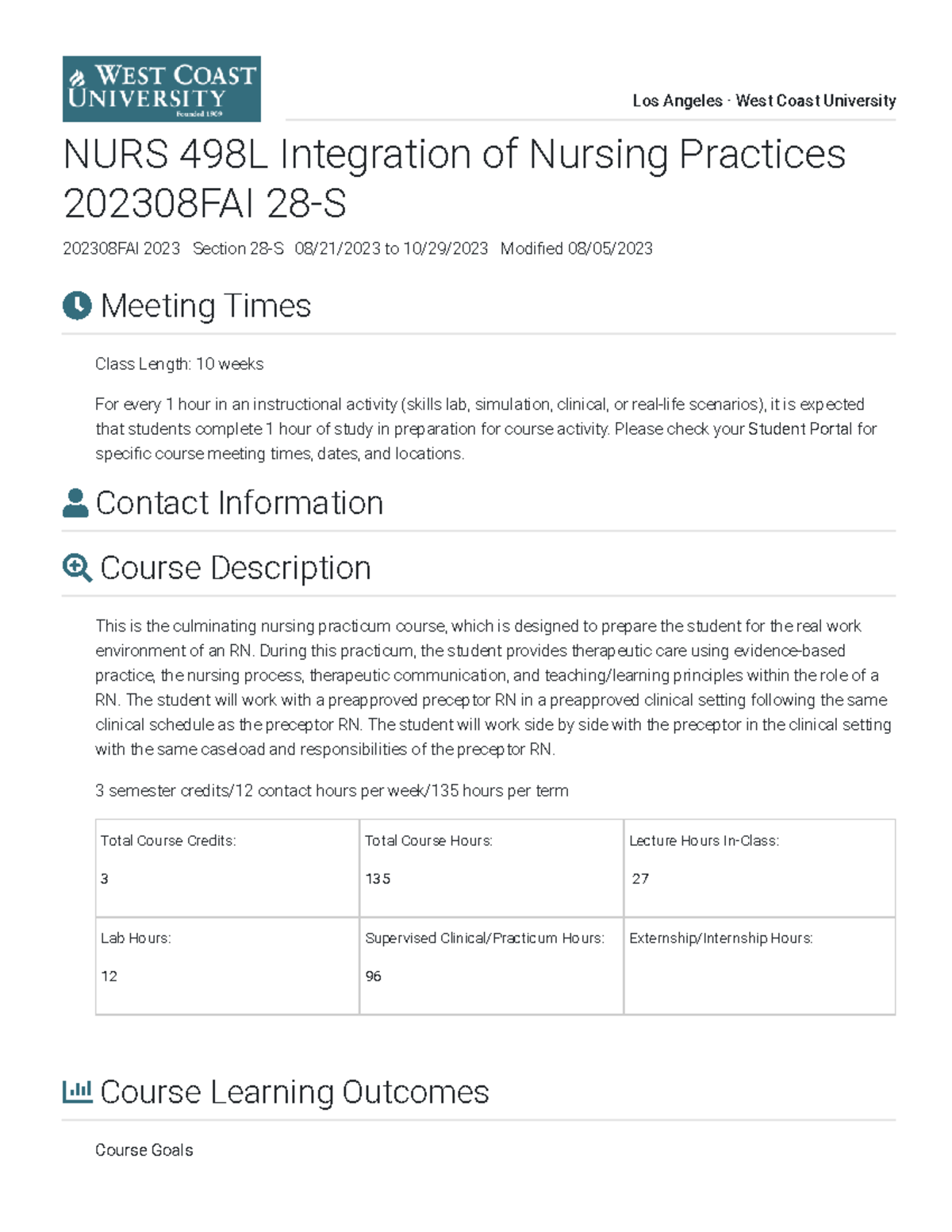 NURS 498L Nursing Practicum Integration Syllabus 202308 (10 Weeks ...