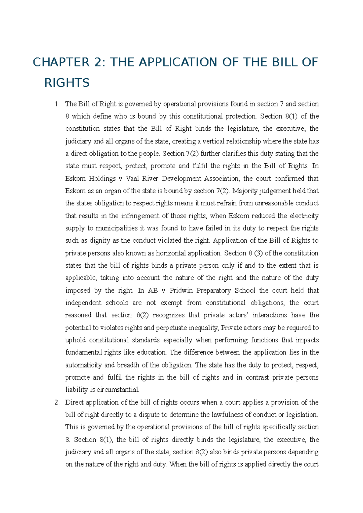 CHAPTER 2: APPLICATION OF THE BILL OF RIGHTS (BOR) - Studocu