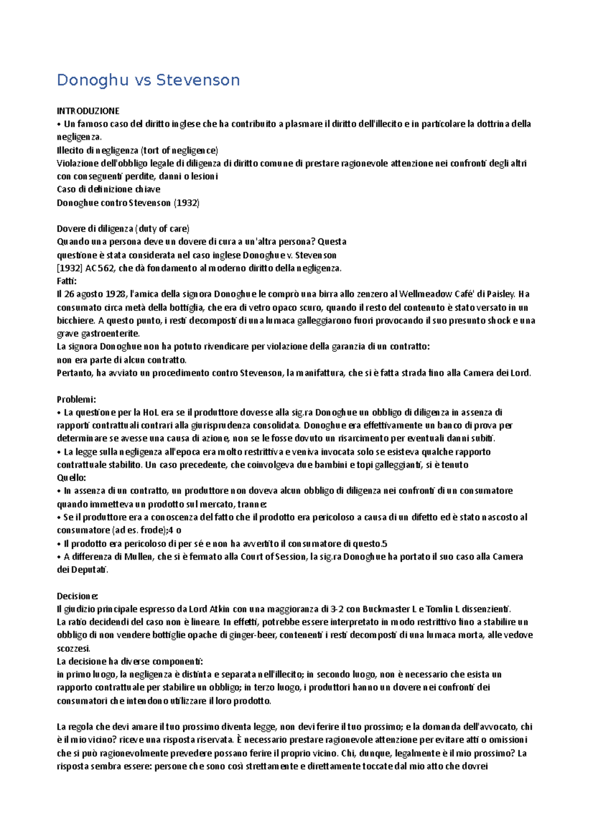 Analisi del Caso Donoghue vs Stevenson e Impatti sulla Negligenza - Studocu