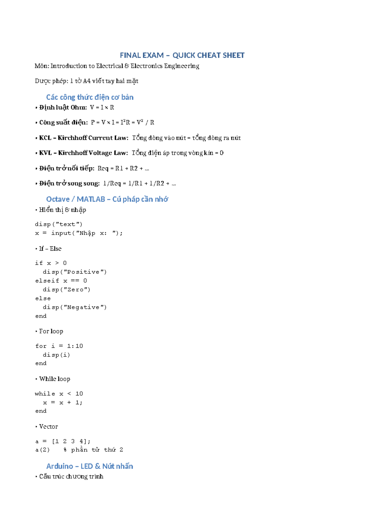 FINAL EXAM CHEAT SHEET EE101: Electrical Engineering Essentials - Studocu