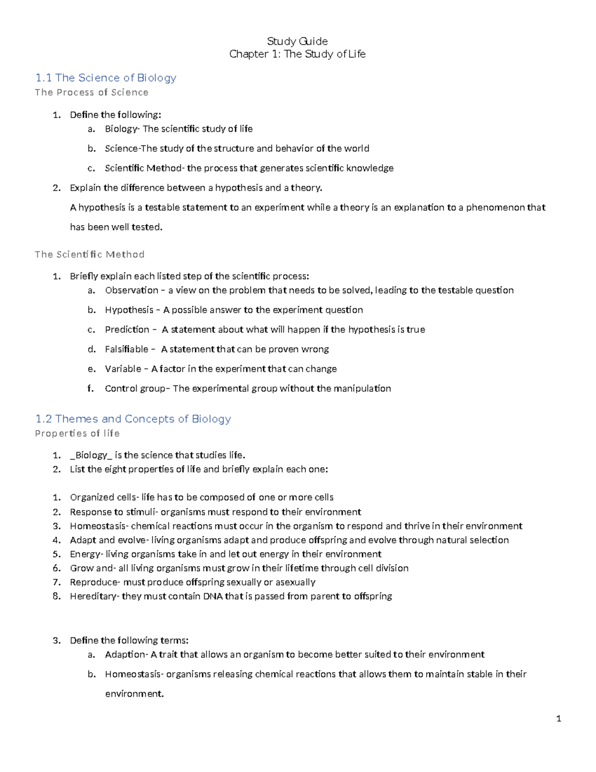 Study Guide for BIO 101: Chapter 1 - The Study of Life - Studocu