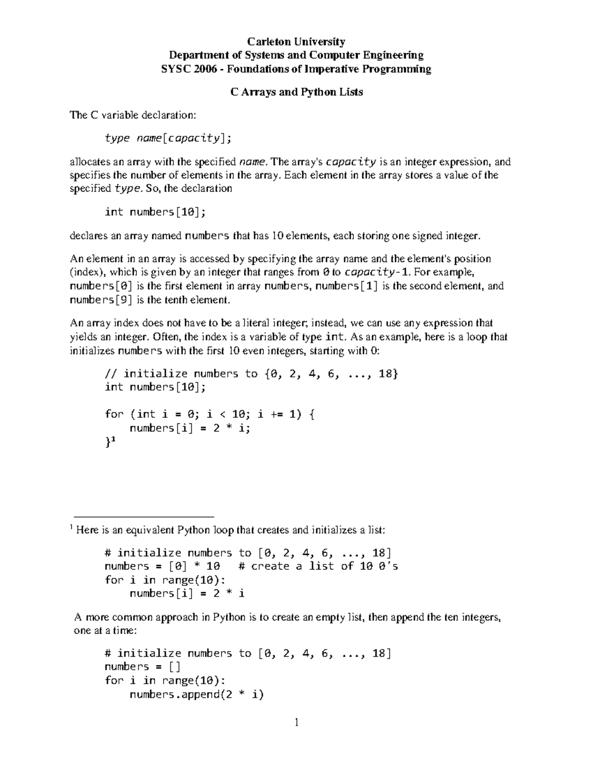 SYSC 2006 Lecture Notes: C Arrays vs Python Lists - Studocu