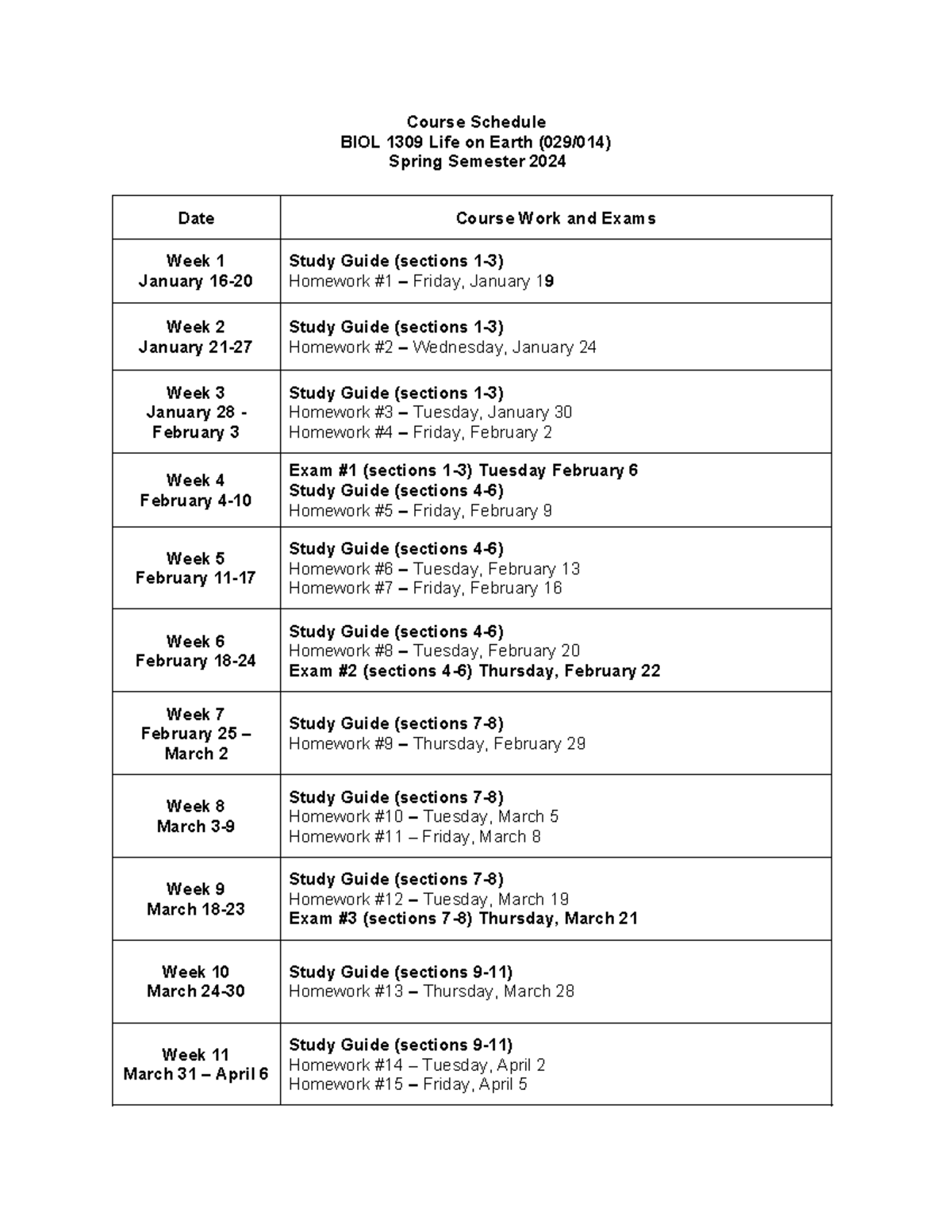 BIOL 1309 Spring 2024 16wk Course Schedule & Exam Dates - Studocu