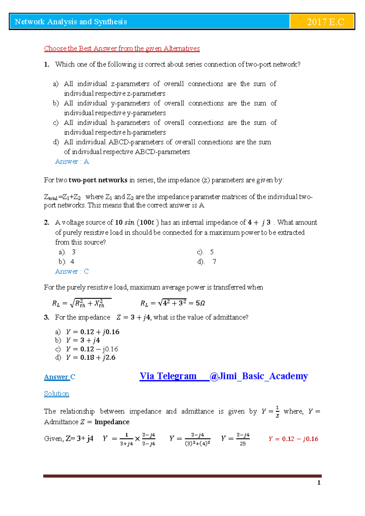 Network Analysis and Synthesis 2017 E.C: Quiz Questions & Answers - Studocu