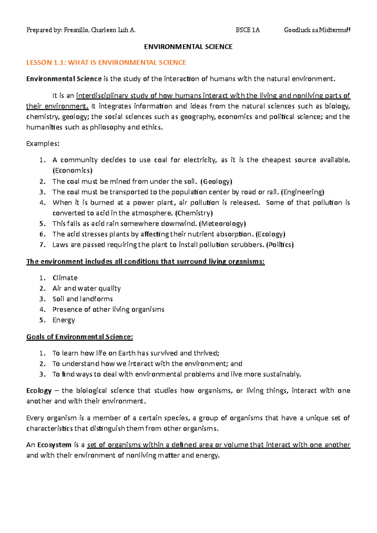 BSCE 1A Environmental Science Midterm Review: Key Concepts and Lessons ...