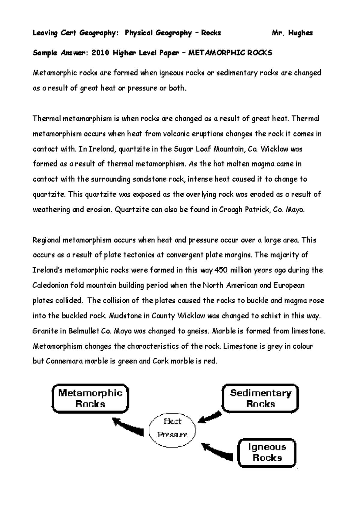 Leaving Cert Geography: 2010 Sample Answer on Metamorphic Rocks - Studocu