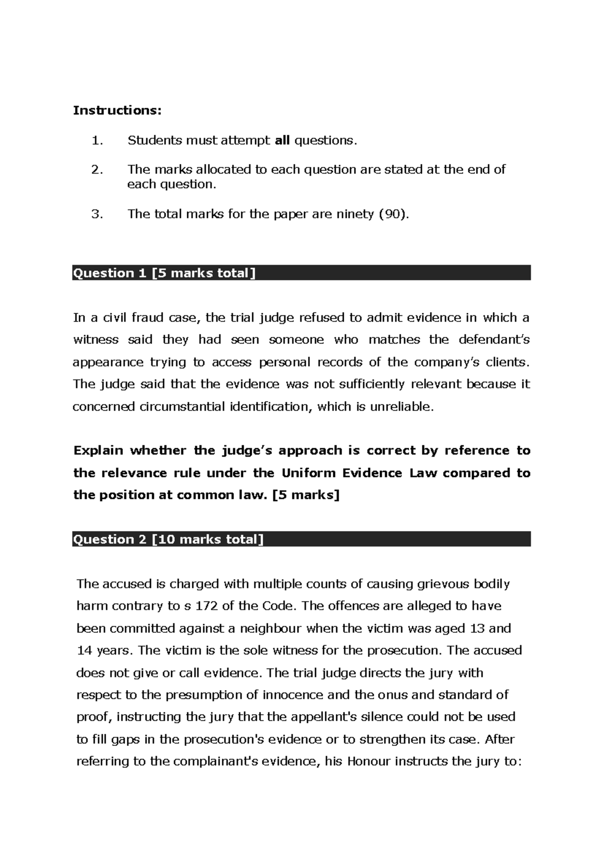 Evidence - Mid Semester Test 2024: Key Legal Questions and Analysis ...