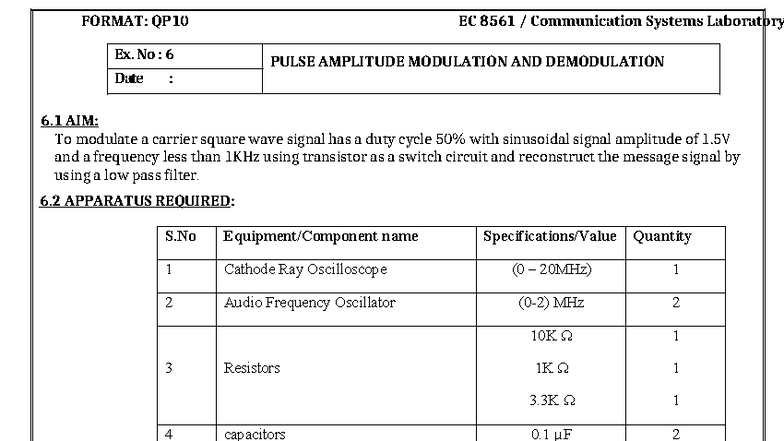 Communication LAB Manual EC 8561: Pulse Amplitude Modulation ...