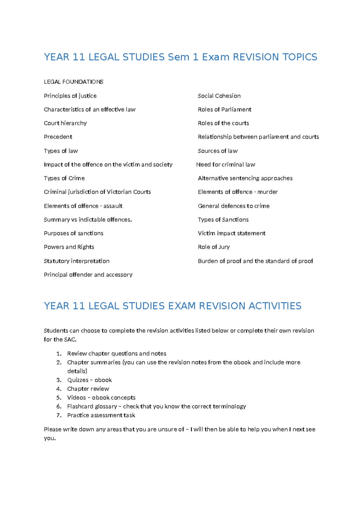 Year 11 Legal Studies 2025 Sem 1 Exam Revision Topics & Activities ...