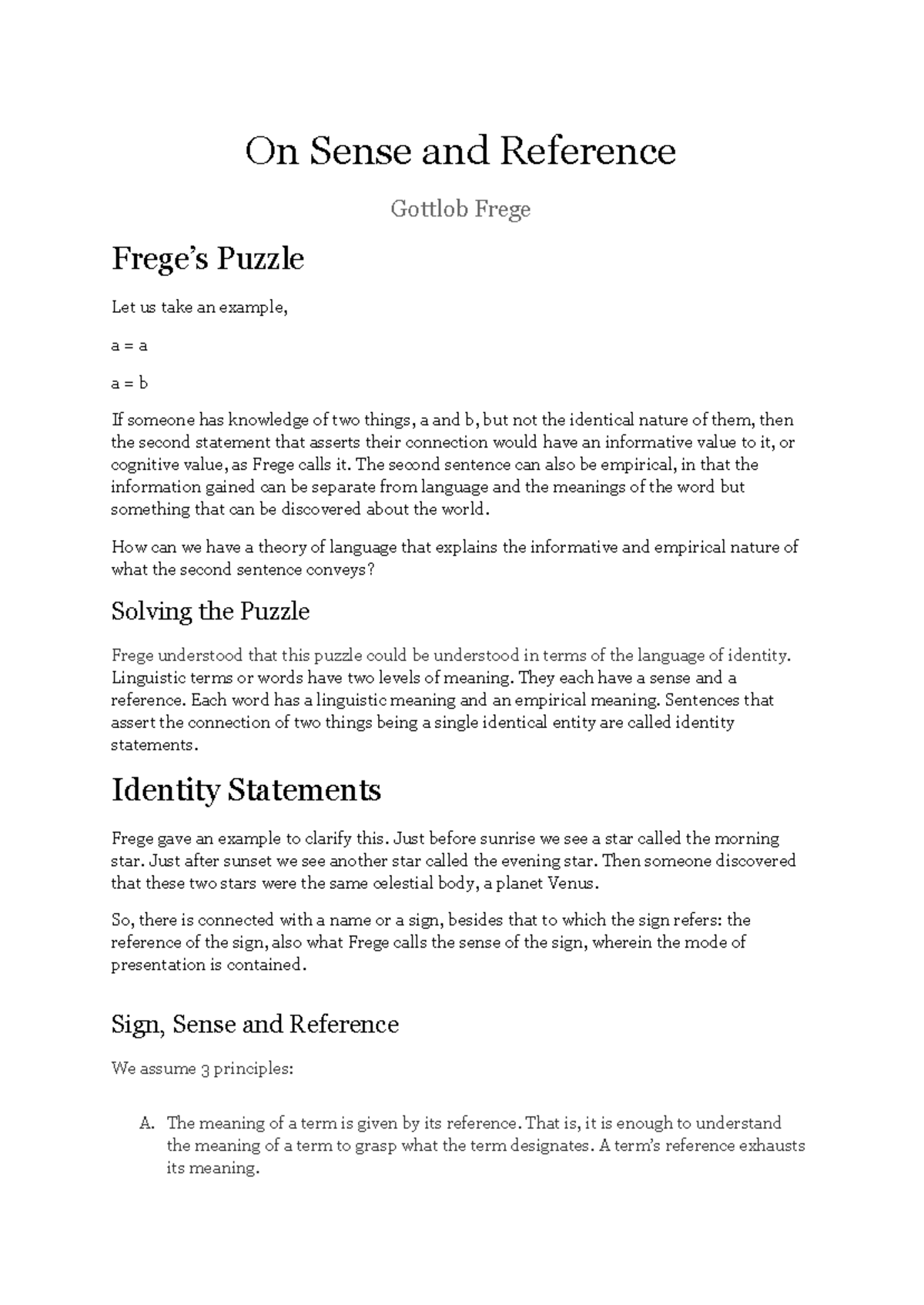 On Sense and Reference - Summary Philosophy Honours - On Sense and ...