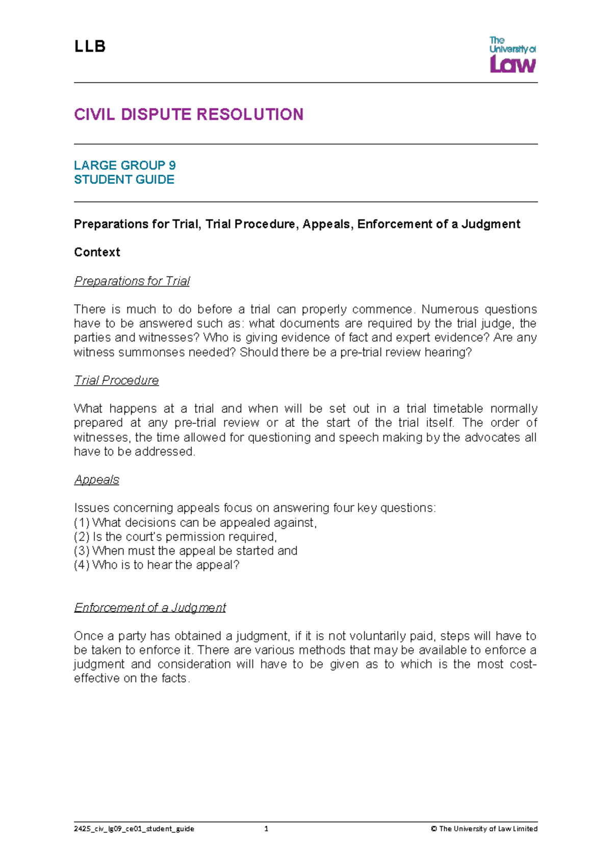 LLB CDR Unit 9: Trial Prep, Procedure, Appeals & Judgment Enforcement ...