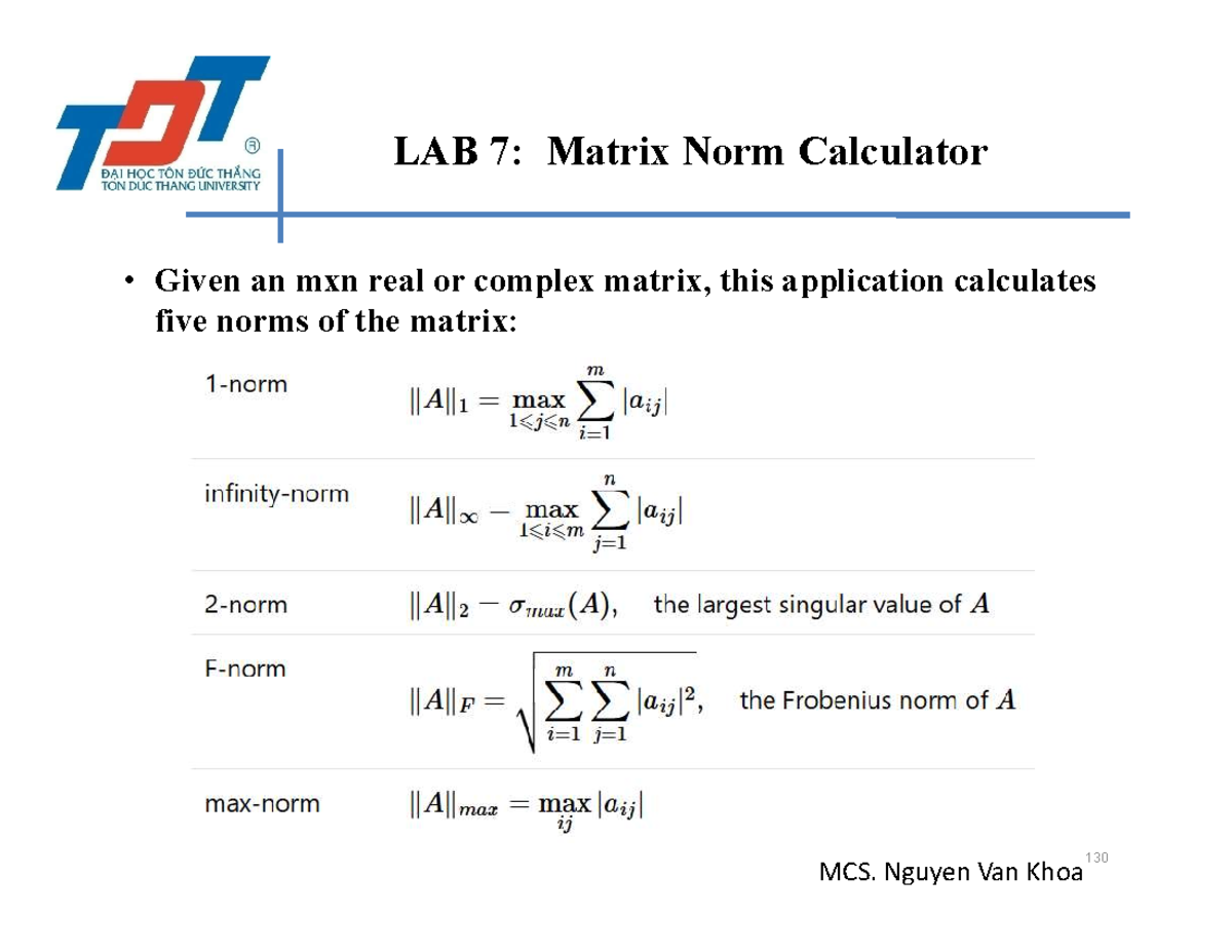 LAB 7: Matrix Norm Calculator and Vector Angles - Studocu