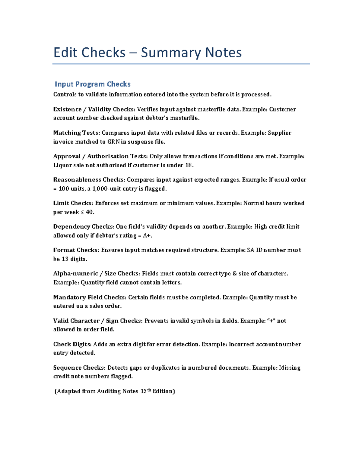 Edit Checks Summary Notes for Input Program Controls - Studocu
