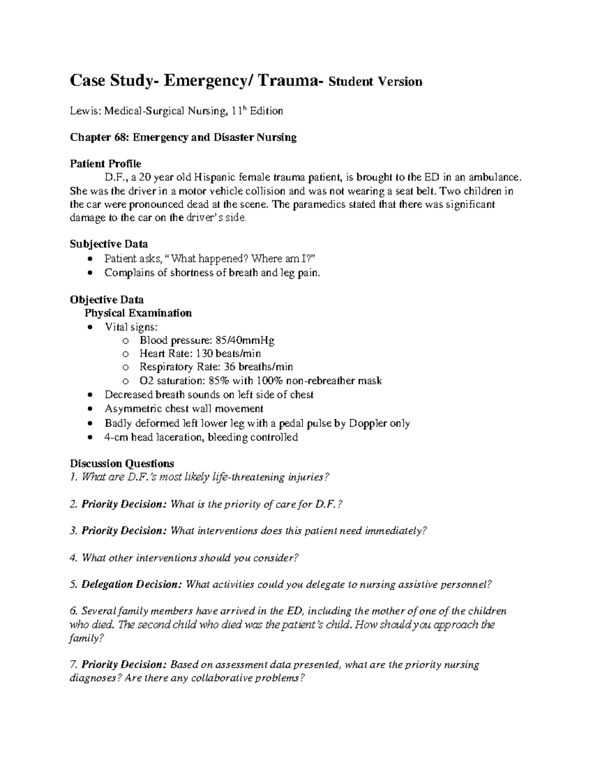 Emergency Case Study | Trauma Nursing - Patient D.F. Profile Analysis ...