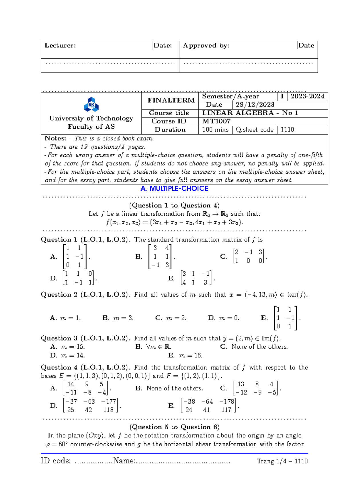 Linear Algebra 231 - Final Exam Notes & Guidelines - Studocu