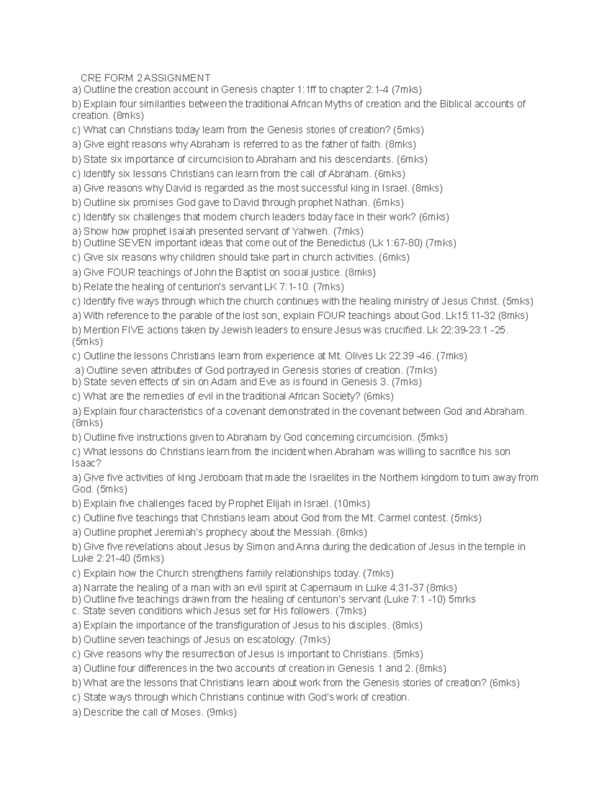 CRE FORM 2 Assignment - Comprehensive Study Notes on Biblical Themes ...