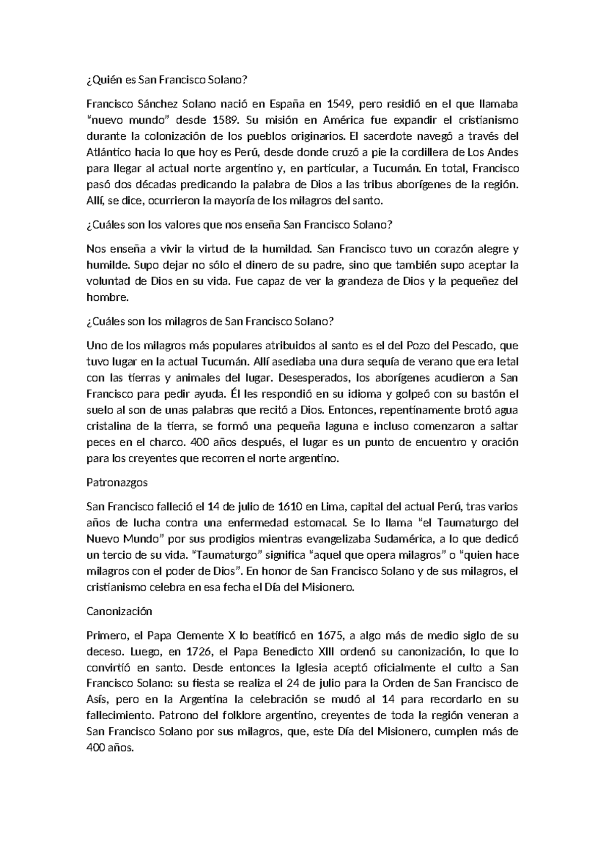 San Francisco Solano: Vida, Milagros y Enseñanzas en la Fe - Studocu