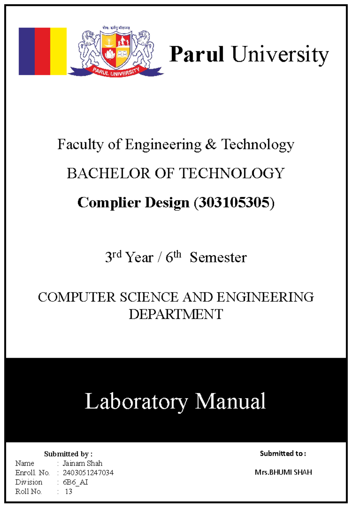 Compiler Design (303105305) Lab Manual - Practical Exercises - Studocu