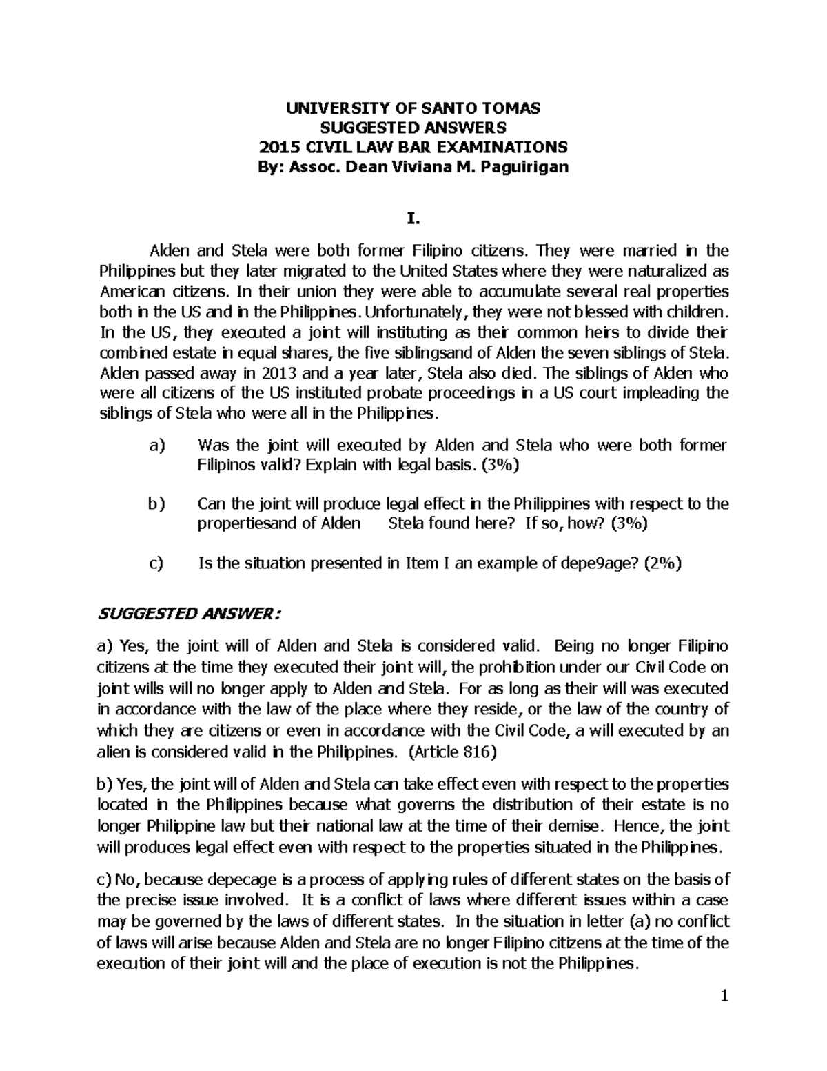 UST 2015 BAR Q Civil Law Suggested Answers and Explanations - Studocu