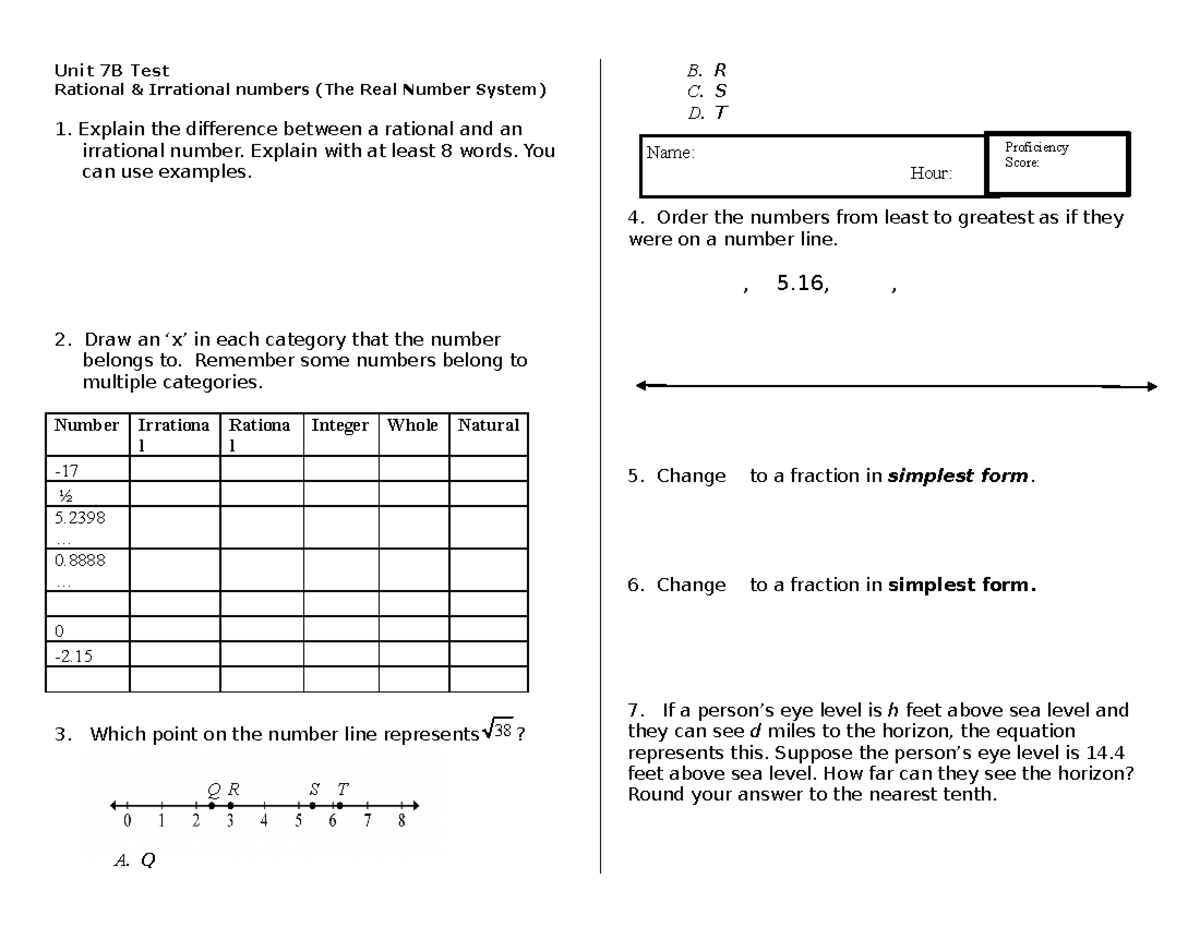 Unit 7A Real Number System Test Form B - Unit 7B Test Rational ...