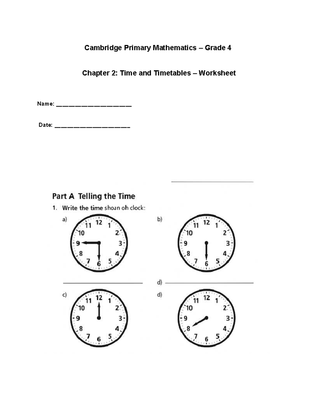 Cambridge Primary Math 866311153 Grade 4 Chapter 2: Time Worksheets ...