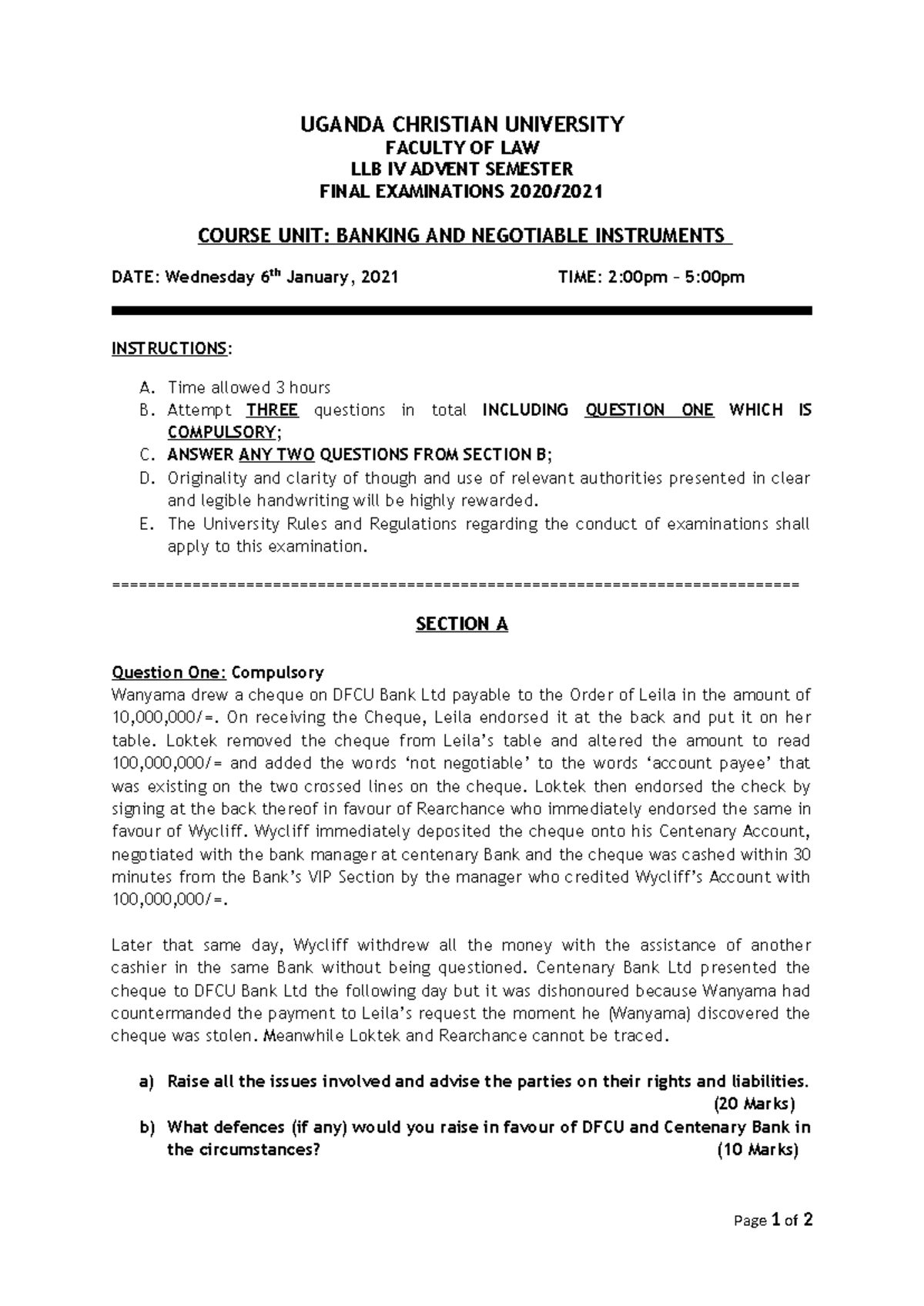 Banking and Negotiable Instruments LLB IV Final Exam 2021 - Studocu